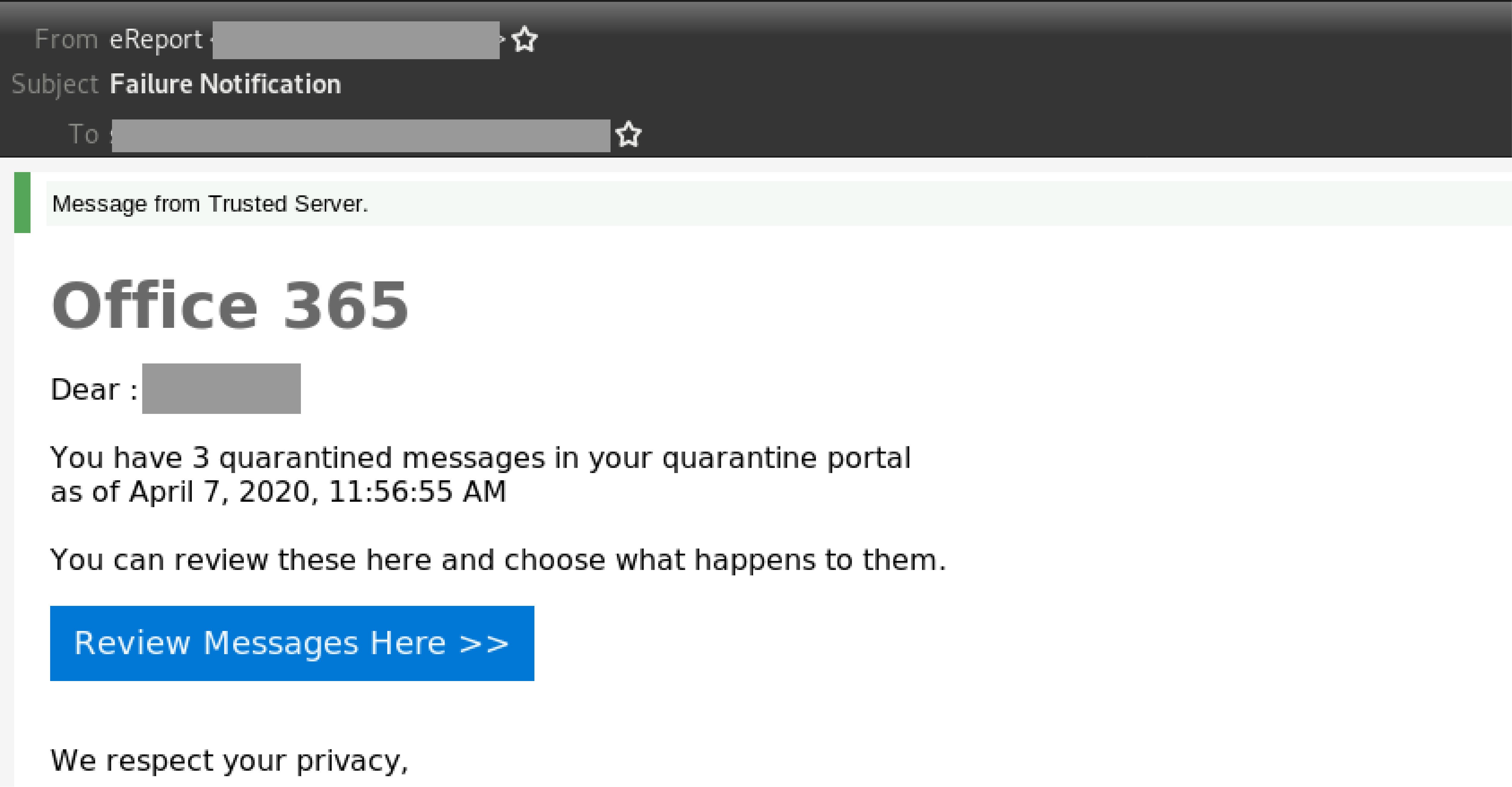 Phishing email spoofing Office 365 asks users to review “quarantined